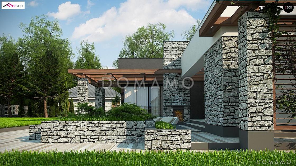 Проект современного одноэтажного углового дома из газобетона с плоской крышей, барбекю на террасе и двухместным гаражом  / 4