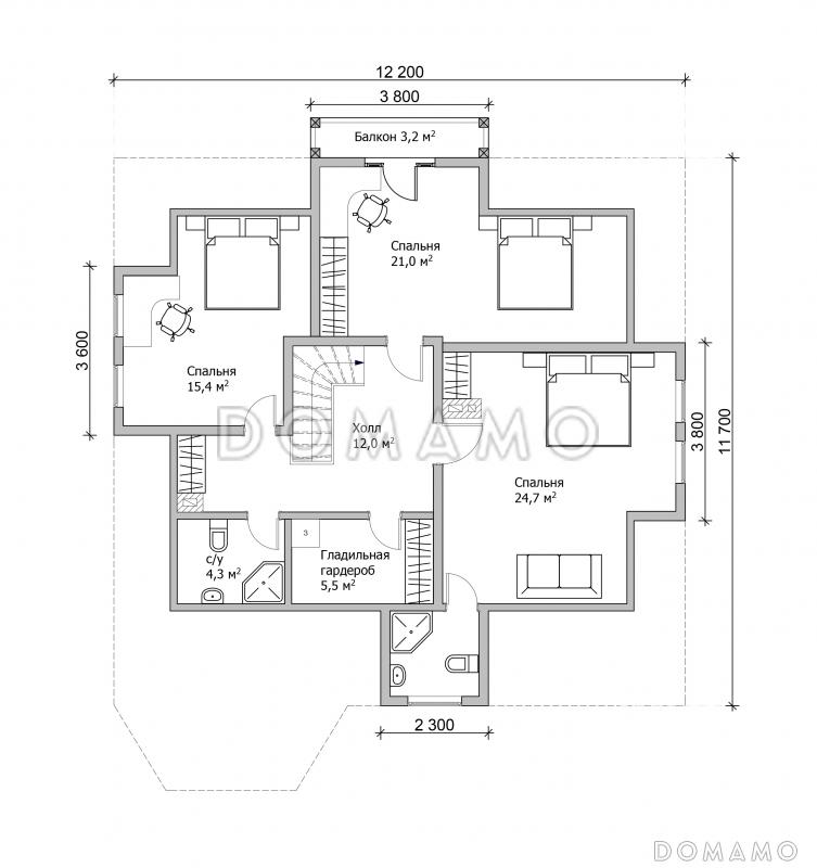 Проект коттеджа с необычными окнами / План 2 этажа