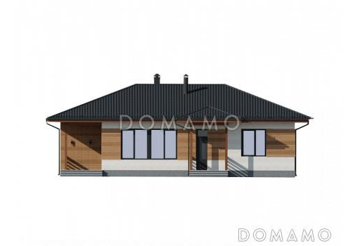 Проект одноэтажного компактного дома из газобетона с двумя спальнями, просторной дневной зоной и крытой террасой / Фасад 1