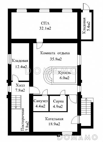 Проект большого кирпичного коттеджа с верандой, сауной и СПА-залом / План цокольного этажа Проект большого кирпичного коттеджа с верандой, сауной и СПА-залом / План цокольного этажа