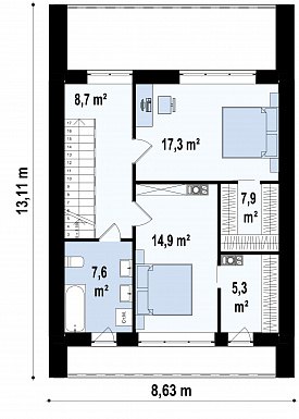 Проект современного двухэтажного дома из кирпича с кабинетом для узкого участка / План 2 этажа