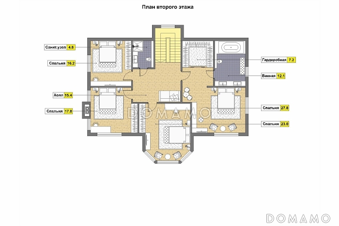 Проект скандинавского коттеджа из кирпича с эркером, мансардой и открытой террасой / План мансардного этажа