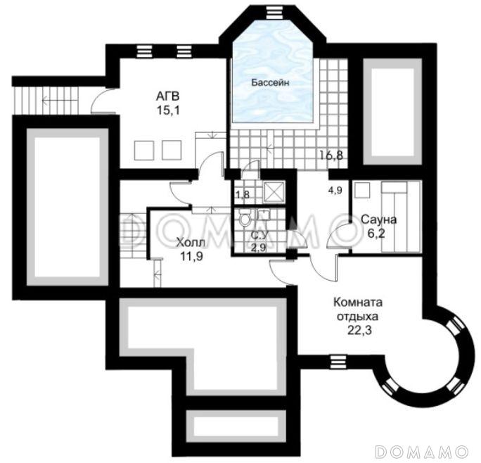 Проект дома из кирпича с зимним садом на втором этаже / План цокольного этажа