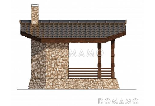 Проект беседки традиционной формы с обеденной зоной и зоной барбекю / Фасад 2