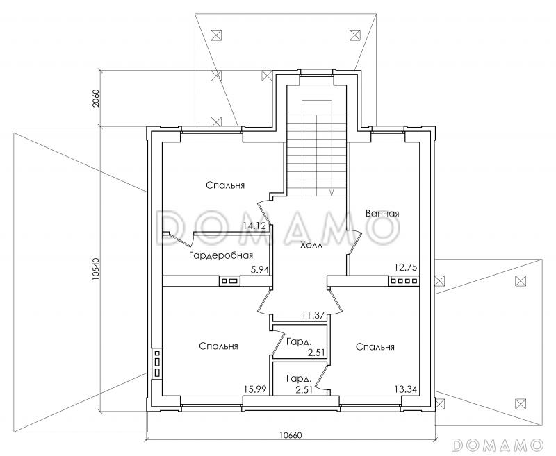 Проект двухэтажного дома с пристроенным гаражом, террасой и крыльцом / План 2 этажа