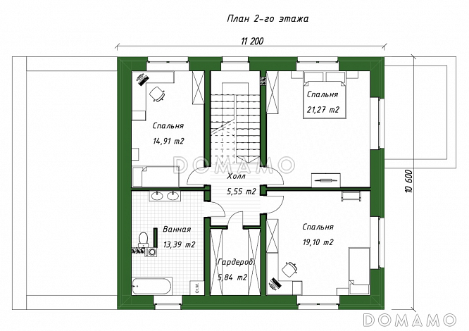 Проект двухэтажного дома из газобетона с пристроенным гаражом и верандой / План 2 этажа Проект двухэтажного дома из газобетона с пристроенным гаражом и верандой / План 2 этажа