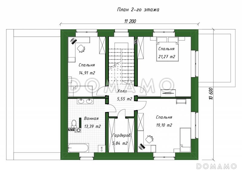 Проект двухэтажного дома из газобетона с пристроенным гаражом и верандой / План 2 этажа
