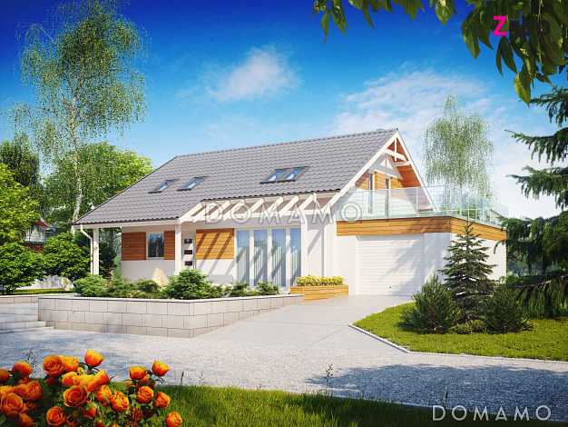 Проект одноэтажного мансардного дома из газобетона с террасой над гаражом 