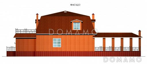 Проект одноэтажного коттеджа с мансардным этажом, гаражом и летней открытой площадкой на крыше гаража / Фасад 2