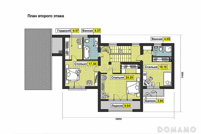 Проект дома с панорамными окнами, просторной гостиной и кухней-столовой, сауной, кабинетом на мансардном этаже, балконом и лоджией / План 2 этажа