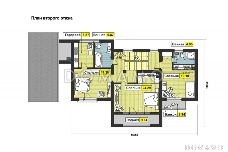 Проект дома с панорамными окнами, просторной гостиной и кухней-столовой, сауной, кабинетом на мансардном этаже, балконом и лоджией / План 2 этажа