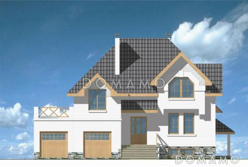 Проект дома из кирпича со сложной формой кровли / Фасад 1