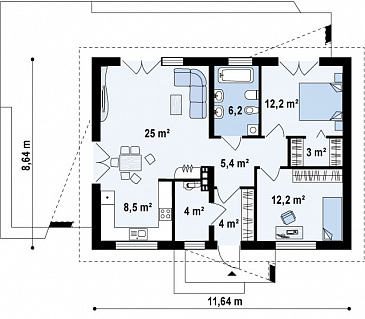 Проект компактного одноэтажного дома из кирпича с оригинальной открытой террасой по периметру / План 1 этажа Проект компактного одноэтажного дома из кирпича с оригинальной открытой террасой по периметру / План 1 этажа