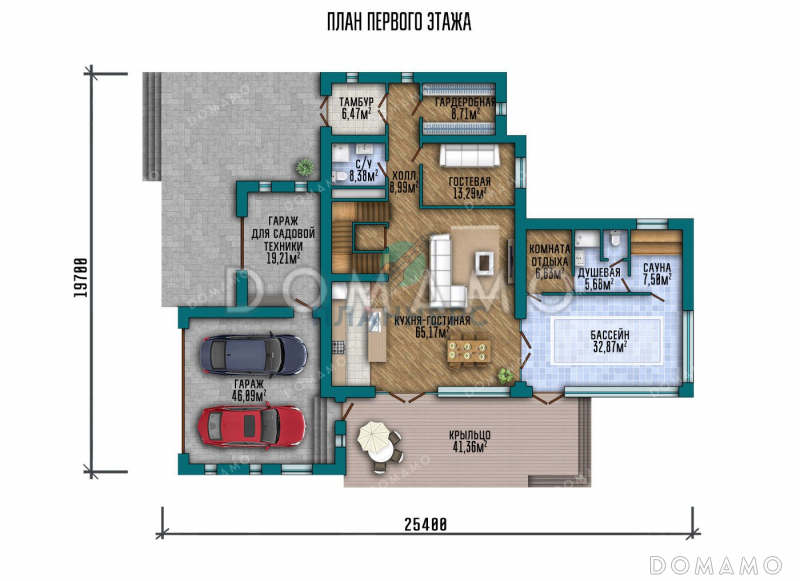 Проект большого трехэтажного дома с террасой и гаражом / План 1 этажа