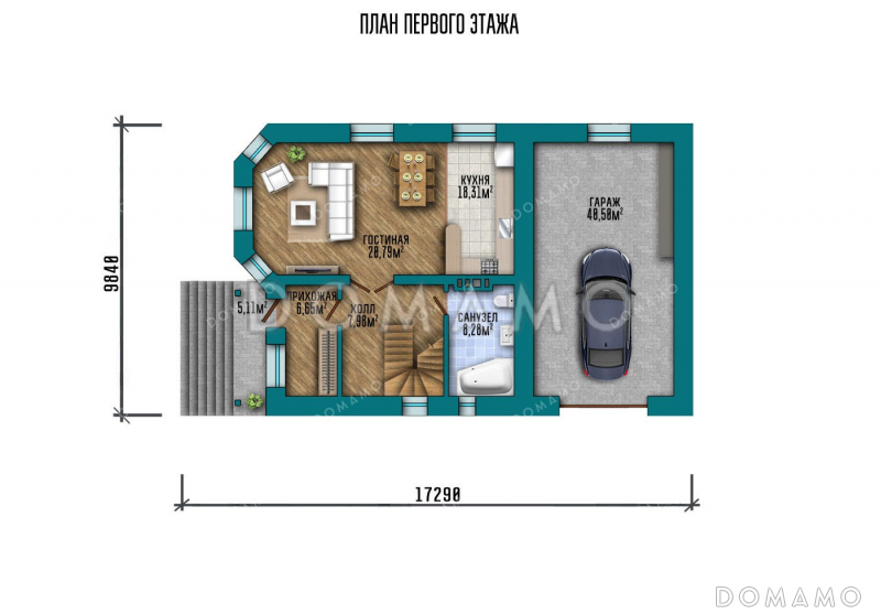 Проект двухэтажного дома с гаражом и подвалом / План 1 этажа