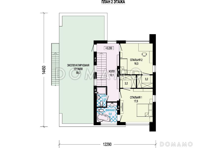 Проект дома с гаражом, террасой, хозяйской спальней, эксплуатируемой кровлей на втором этаже / План 2 этажа