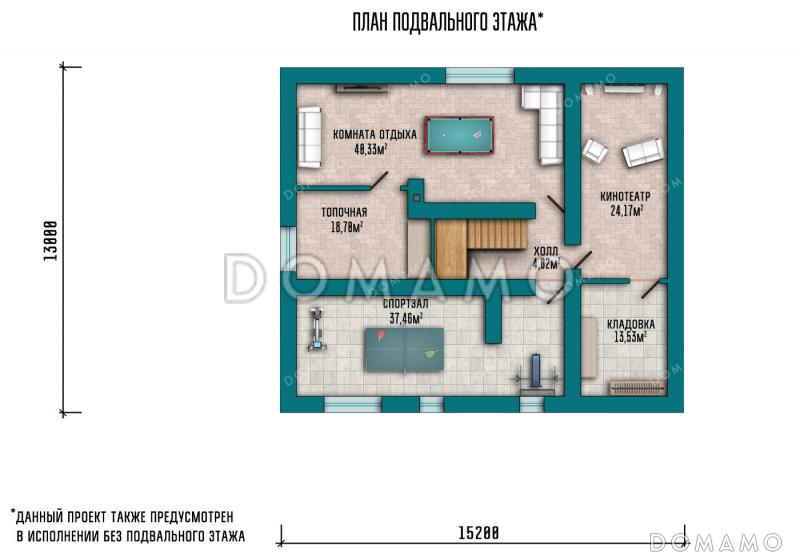 Проект двухэтажного дома с гаражом, оборудованным подвалом и крытой террасой / План цокольного этажа