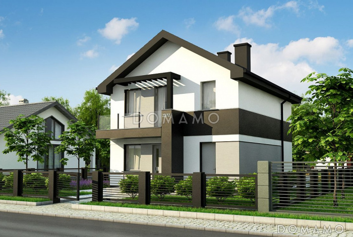 Проект двухэтажного дома с небольшой комнатой на первом этаже, кухней с окном, террасой, балконами