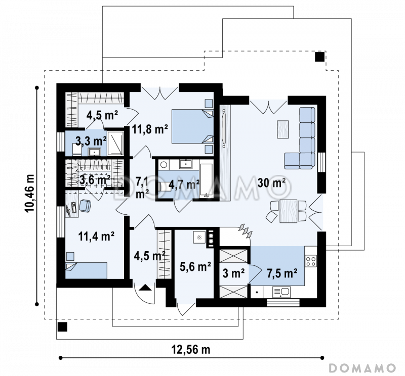 Проект простого уютного одноэтажного дома из кирпича с двумя спальнями и возможностью обустройства мансарды / План 1 этажа