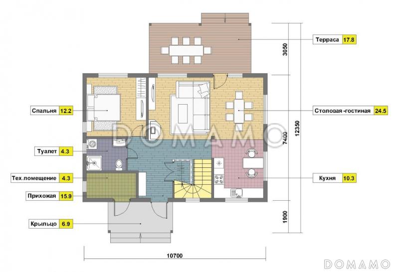 Проект каркасного дома с просторной крытой террасой / План 1 этажа Проект каркасного дома с просторной крытой террасой / План 1 этажа