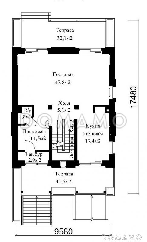 Проект жилого дома для сблокированного строительства на площадке с рельефом / План 1 этажа