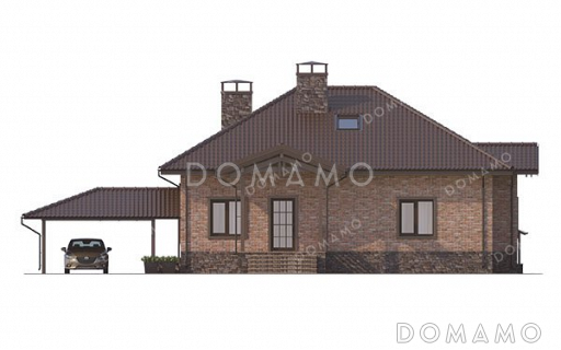 Проект одноэтажного дома с просторной террасой и навесом для автомобиля / Фасад 1