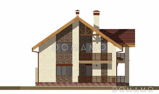 Проект дома с гаражом на две машины, просторной кухней-гостиной с выходом на террасу, гостевой спальней на первом этаже, балконами / Фасад 4