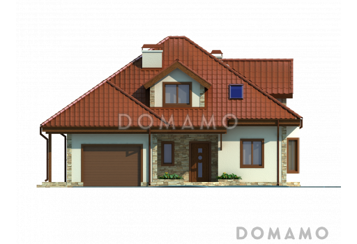 Проект просторного одноэтажного мансардного дома из кирпича с кабинетом, эркером и гаражом / Фасад 1