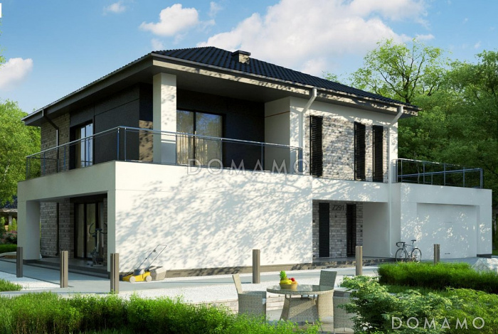 Проект двухэтажного дома из газобетона с гаражом и террасой на втором уровне по периметру дома Проект двухэтажного дома из газобетона с гаражом и террасой на втором уровне по периметру дома