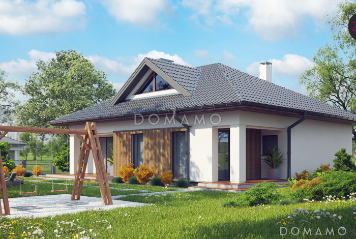 Проект одноэтажного дома из кирпича с тремя спальнями и треугольным окном на чердаке с изменениями в планировке