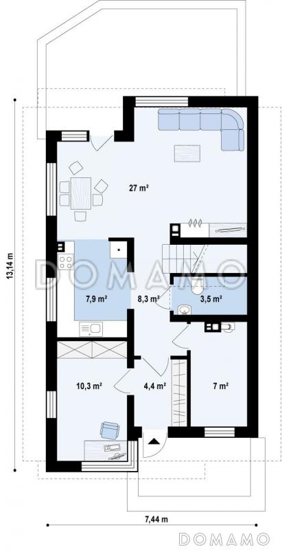 Проект аккуратного одноэтажного мансардного дома из газобетона для узкого участка / План 1 этажа