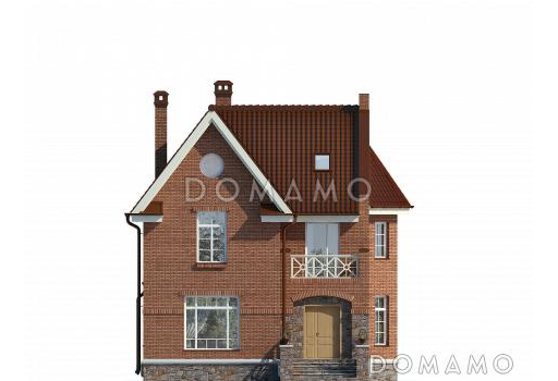 Проект дома с эркером, открытой террасой, балконом, гостиной с камином, гостевыми на мансардном этаже / Фасад 1