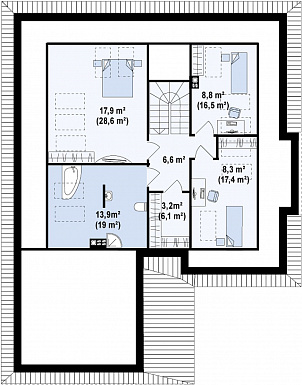 Проект одноэтажного мансардного дома из кирпича со стеклянным эркером и гаражом на два автомобиля / План мансардного этажа