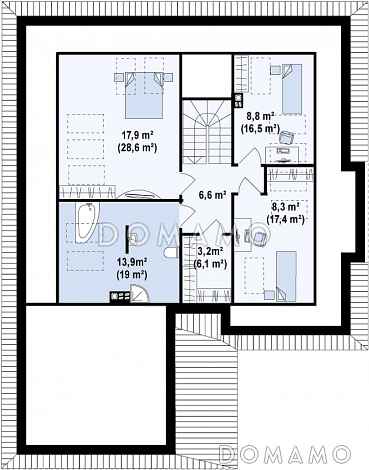 Проект одноэтажного мансардного дома из кирпича со стеклянным эркером и гаражом на два автомобиля / План мансардного этажа