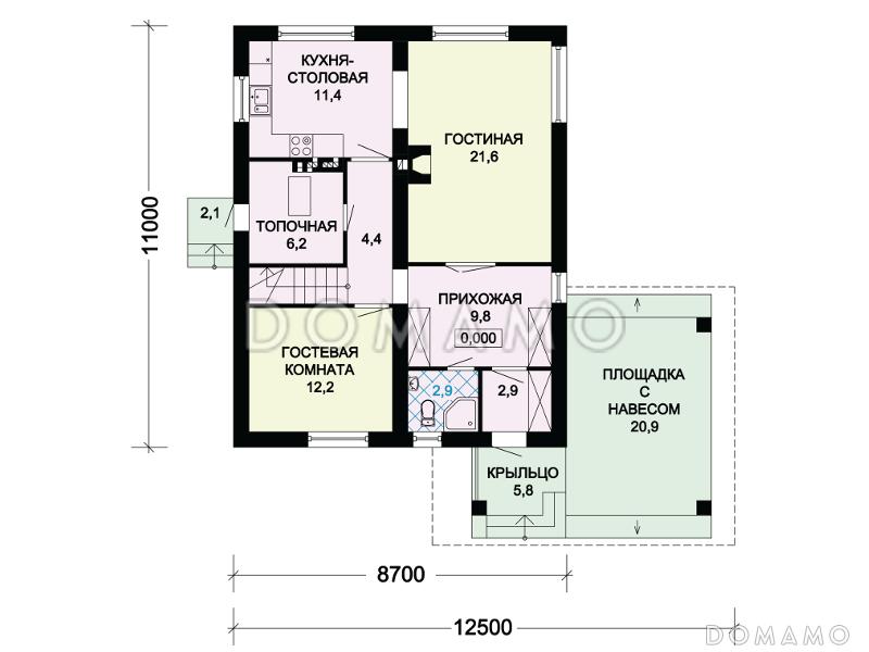 Проект загородного дома из СИП панелей с мансардой и навесом для машины / План 1 этажа