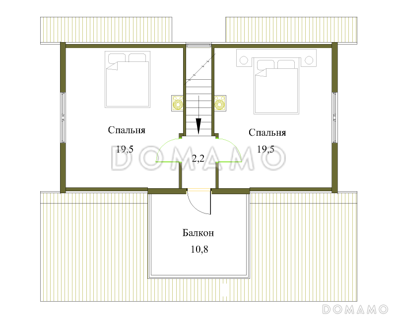 Проект каркасного дачного дома с балконом, террасой, и двумя спальнями / План мансардного этажа