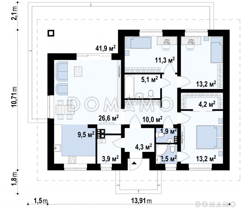 Проект современного одноэтажного дома из газобетона с разделением дневной зоны и зоны отдыха / План 1 этажа