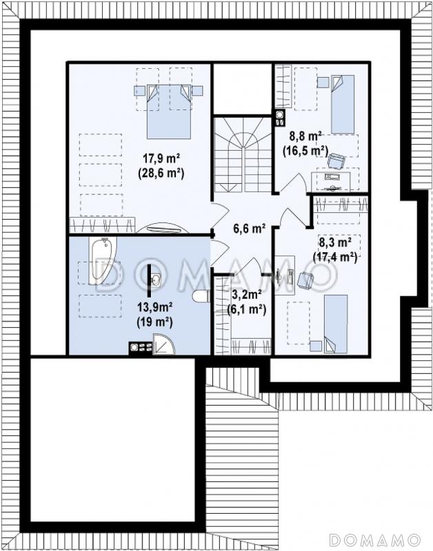 Проект одноэтажного мансардного дома из кирпича со стеклянным эркером и гаражом на два автомобиля / План мансардного этажа