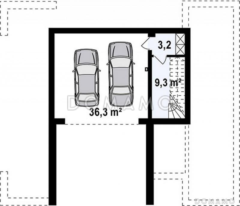 Проект современного двухэтажного дома из газобетона с подземным гаражом и террасой на втором этаже по периметру дома / План цокольного этажа
