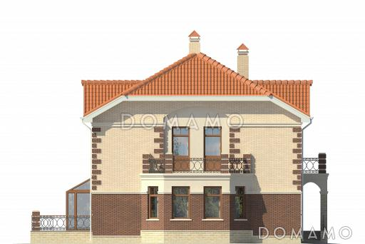 Проект двухэтажного дома с эркером, балконами, зимним садом, спальней на первом этаже / Фасад 3
