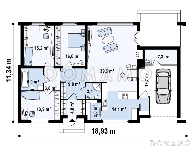 Проект современного одноэтажного дома из газобетона с плоской крышей, тремя спальнями и гаражом  / План 1 этажа