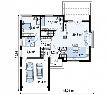 Проект просторного мансардного двухэтажного дома из кирпича с пятью комнатами, эркером и террасой над гаражом / План 1 этажа