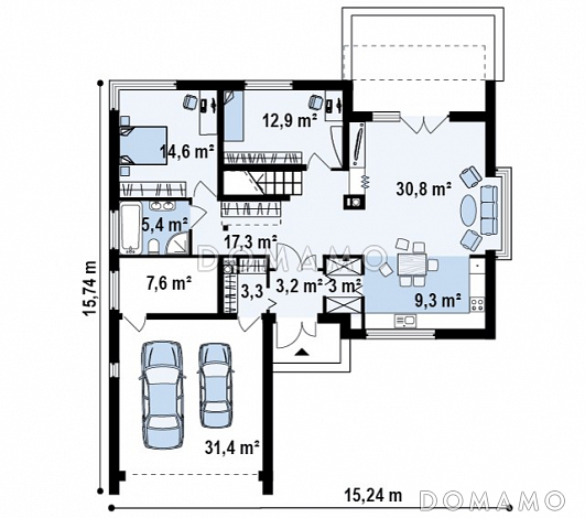 Проект просторного мансардного двухэтажного дома из кирпича с пятью комнатами, эркером и террасой над гаражом / План 1 этажа