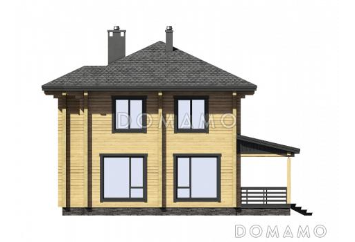 Проект двухэтажного дома из бруса с четырьмя спальнями, кабинетом и крытой террасой / Фасад 3