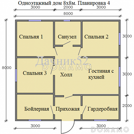 Проект каркасного дачного дома 8 х 8 Соло 16 в нижнем новгороде / План 1 этажа Проект каркасного дачного дома 8 х 8 Соло 16 в нижнем новгороде / План 1 этажа