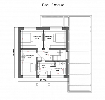 Проект двухэтажного дома с 3 спальнями, кабинетом и автонавесом / План 2 этажа