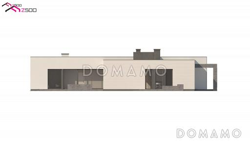 Проект просторного современного одноэтажного дома из газобетона с плоской крышей, с тремя спальнями, террасой и гаражом для трёх автомобилей / Фасад 1