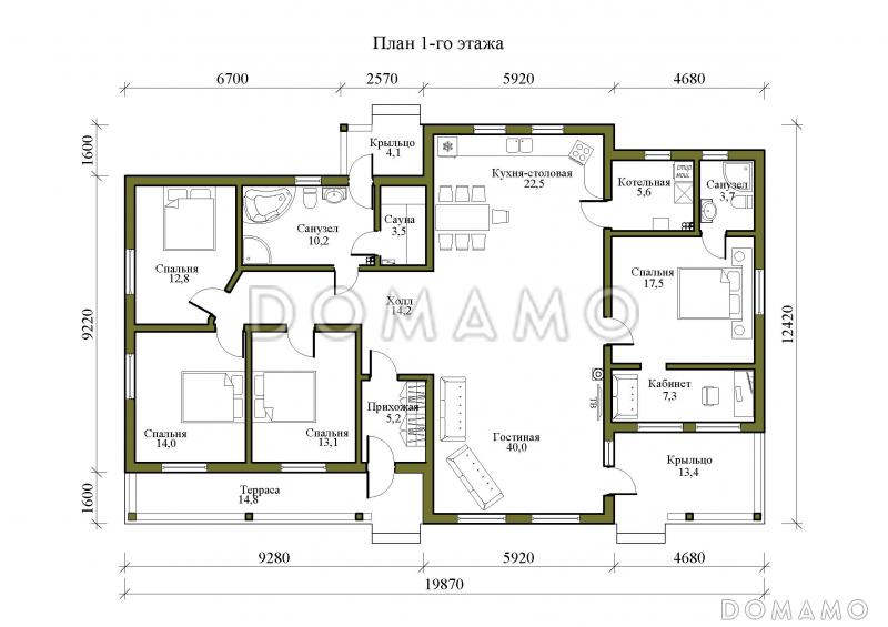 Проект газобетонного дома с панорамным остеклением и сауной / План 1 этажа
