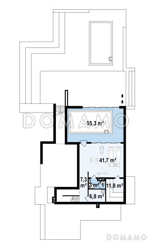 Проект просторного двухэтажного коттеджа из газобетона в стиле Хай-Тек с бассейном на цокольном этаже / План цокольного этажа
