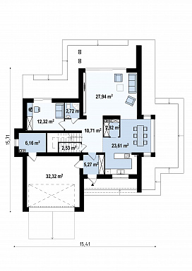Проект красивого двухэтажного коттеджа из кирпича с террасами на втором уровне / План 1 этажа
